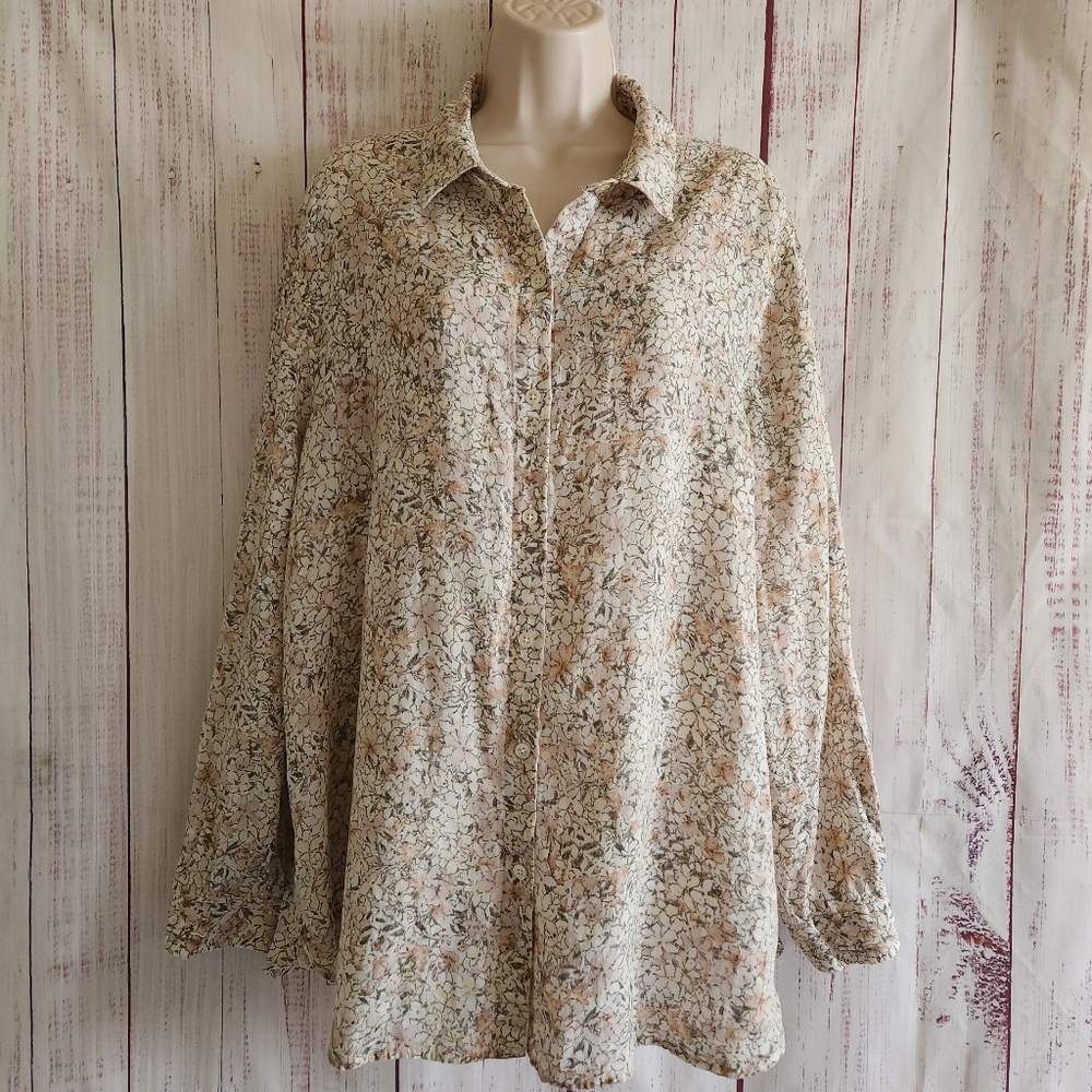 J. Jill Long Sleeve Button Down Floral Linen Top XL